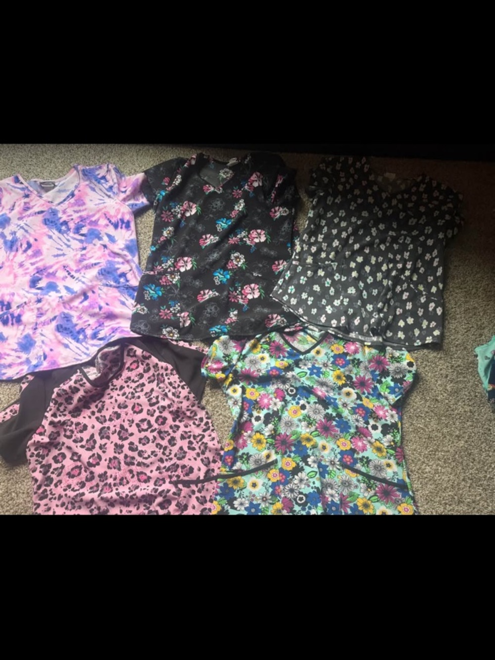 Mixed Floral & Patterned Scrub Tops - Pink, Black, Purple, Multicolor